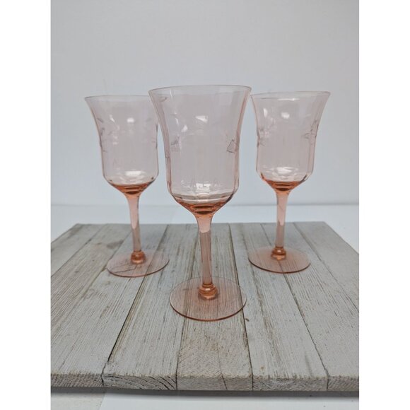 Tiffin Other - Set of 3 Vintage Tiffin Pink Optic Water Wine Stem Glasses 7 3/8" Depression Gla